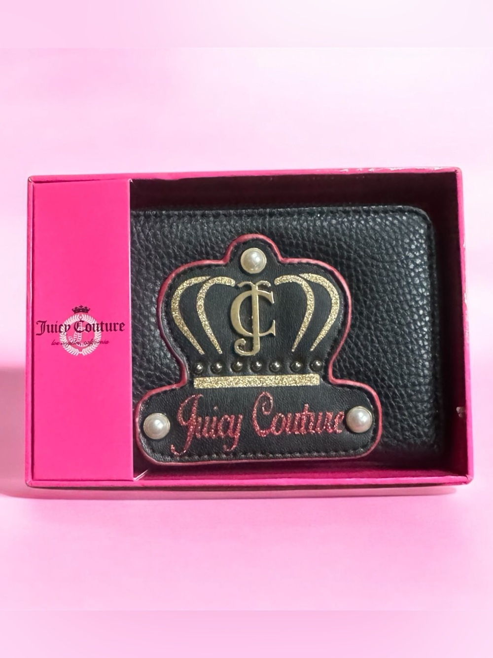 Juicy Couture Black Wallet with Gold Crown Patch and Pink Accents